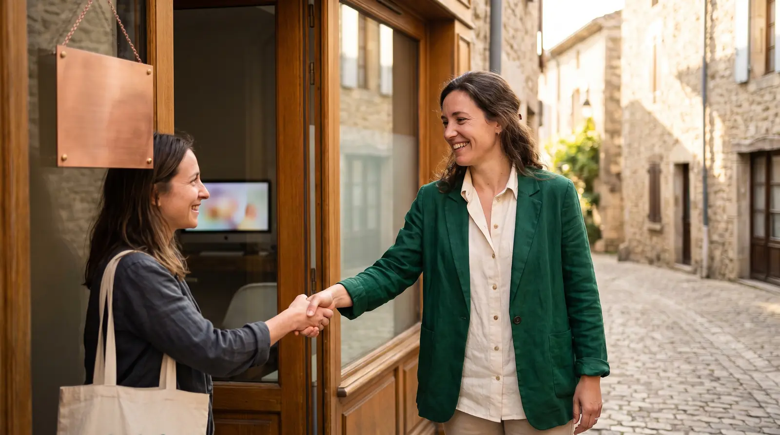 Neighborhood street where passers-by head toward a welcoming shop, with no billboard in sight
