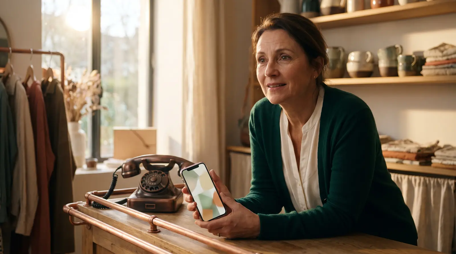Phone on a counter showing a Google Business Profile, while the workshop phone stays silent
