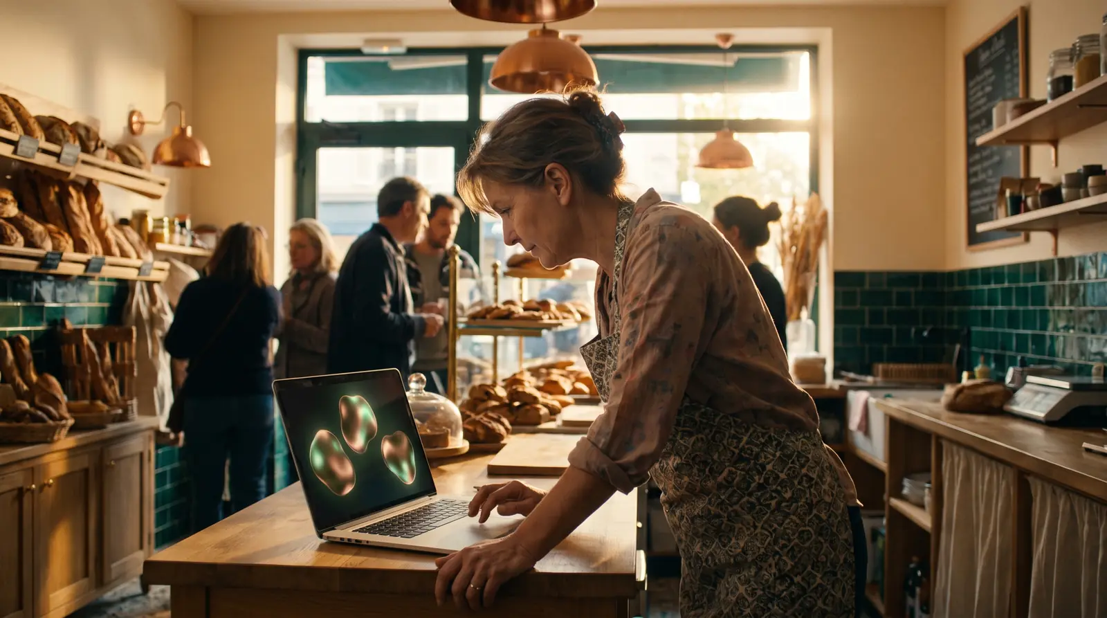 Baker reading an AI assistant answer on her computer that cites local businesses