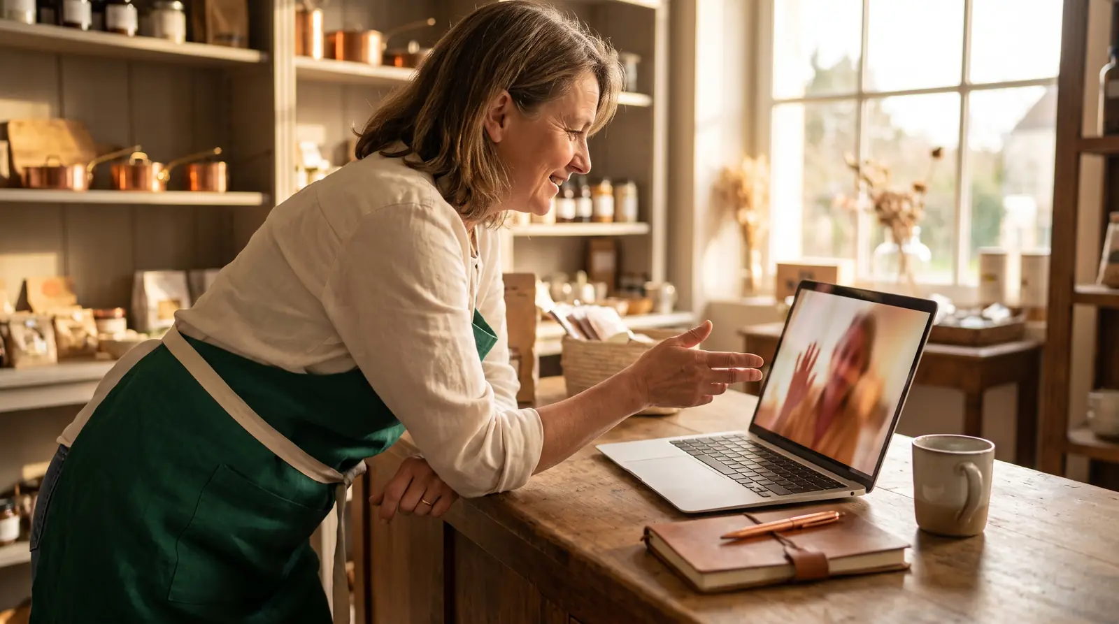 Shop owner on a video call from her counter during her free SEO diagnostic