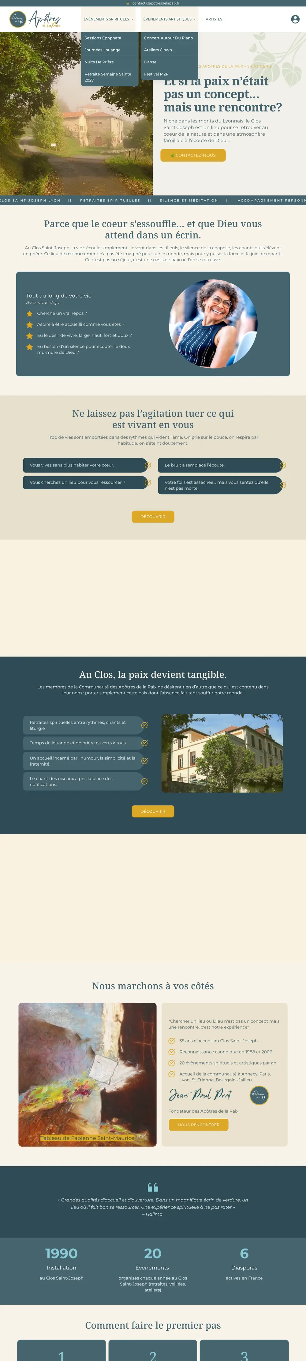 Website of Apôtres de la Paix (Spiritual retreats, Rhône, France) built by Monsieur Click, home page