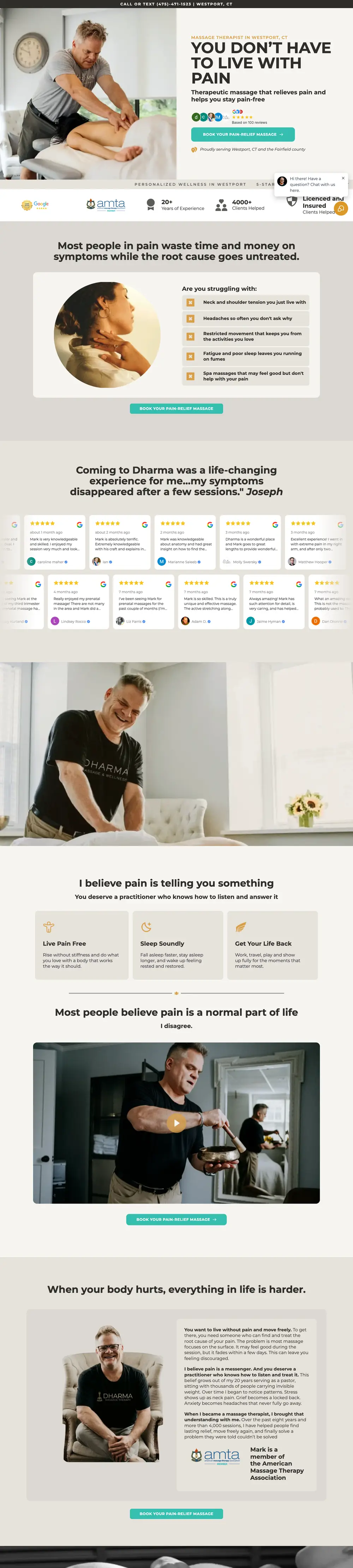 Website of Dharma Massage Therapy (Therapeutic massage, United States) built by Monsieur Click, home page
