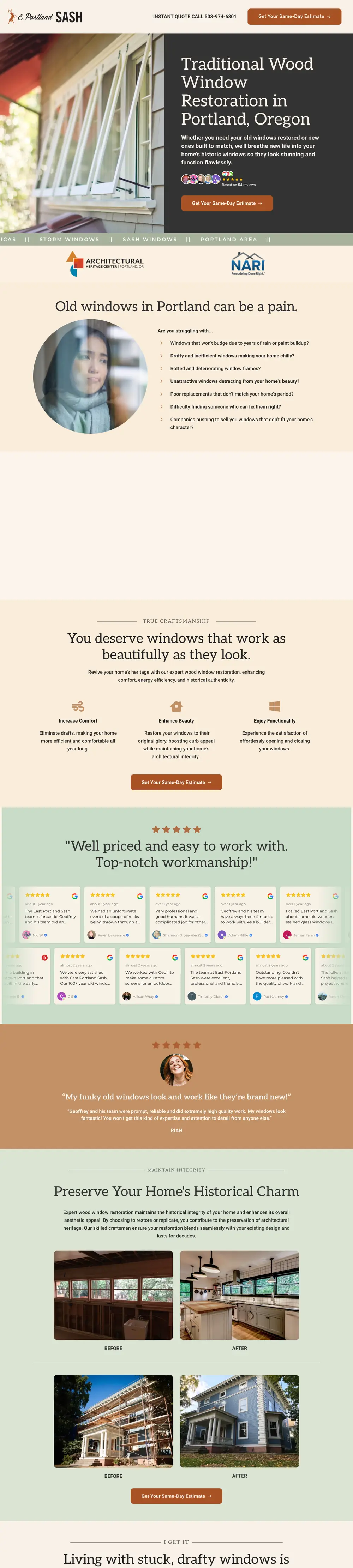 Website of East Portland Sash (Wood window restoration, Portland) built by Monsieur Click, home page
