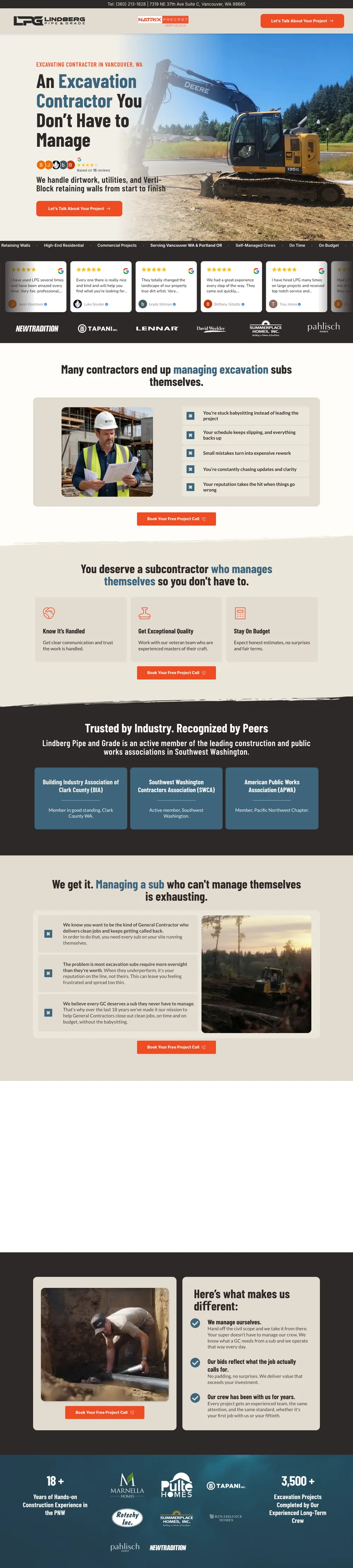 Website of Lindberg Pipe and Grade (Excavation and utilities, Vancouver, WA) built by Monsieur Click, home page