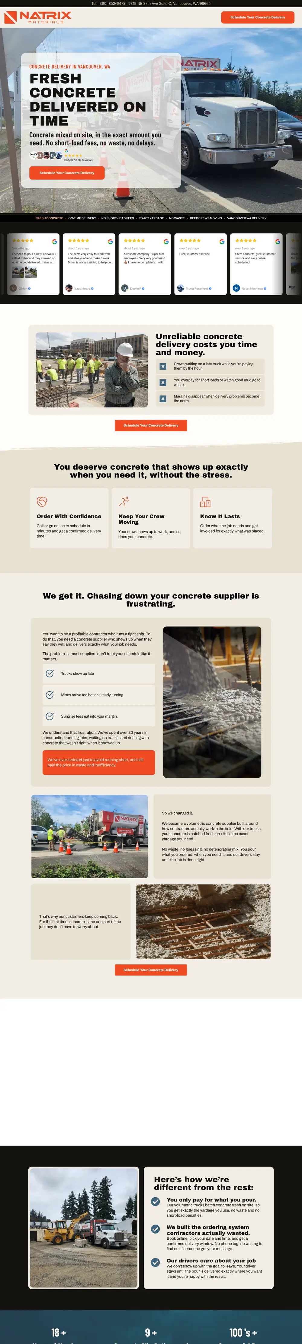 Website of Natrix Materials (Concrete delivery, Vancouver, WA) built by Monsieur Click, home page