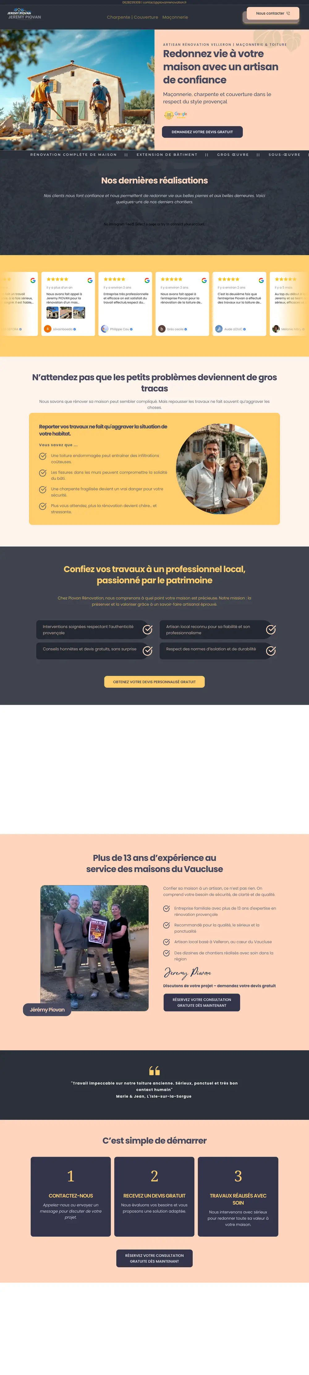 Website of Piovan Rénovation (Masonry and roofing, Vaucluse, France) built by Monsieur Click, home page