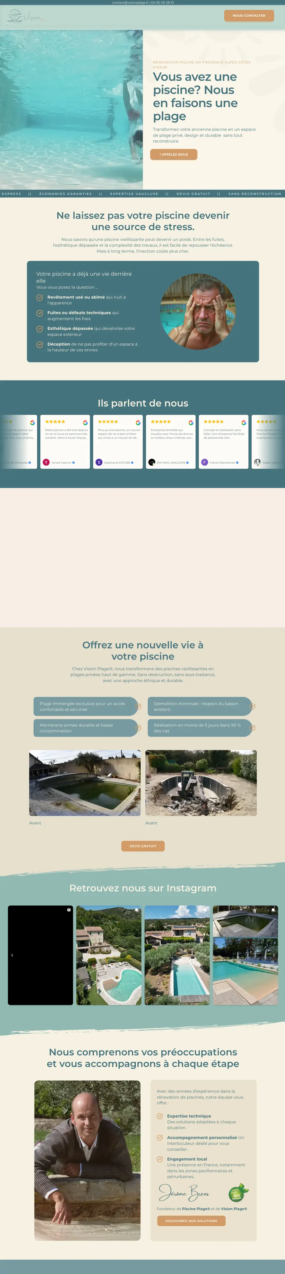 Website of Vision Plage (Pool renovation, Provence) built by Monsieur Click, home page