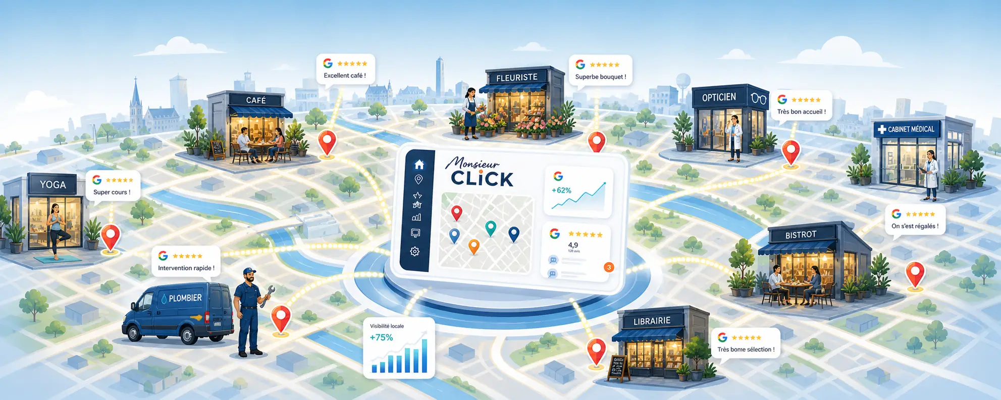 Ecosystem of neighborhood businesses visible on Google with local SEO and web design